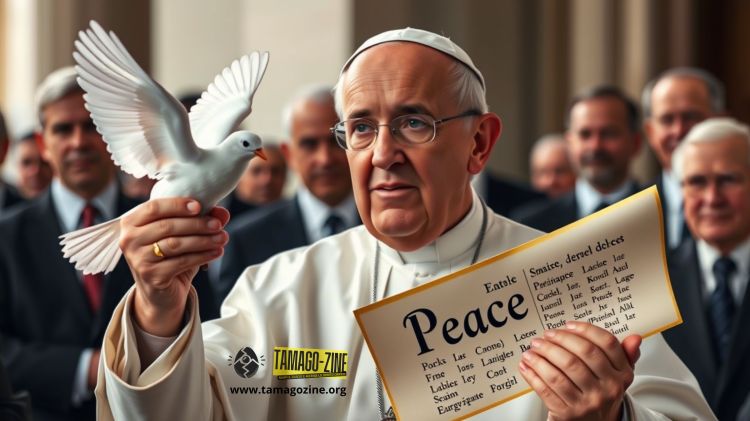 Immagine con Papa Francesco e una colomba in mano e un giornale con su scritto PACE.